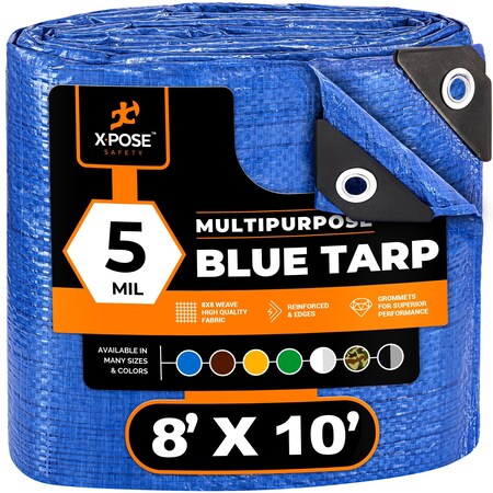 Xpose Safety 8 ft x 10 ft Multipurpose 5 mil Tarp, Blue, Polyethylene, Aluminum Grommet BT-810-A